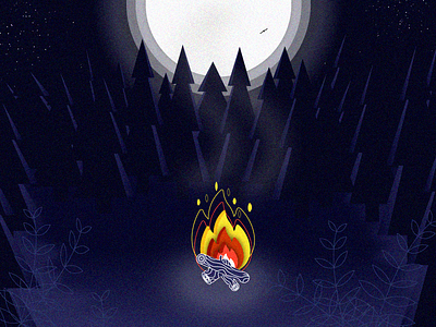 Bonfire bird bonfire dark illustration moon moonlight night nowhere pines plants smoke stars trees wood