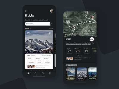 Hiking app app black dark design hiking illustration route routes sport travel ui ui design ux walk