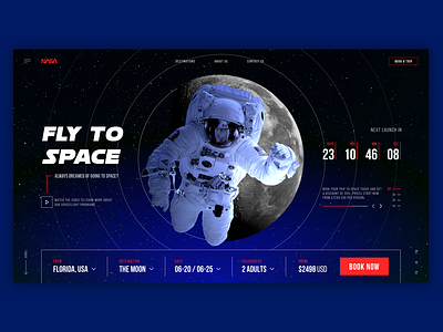Fly to space astronaut blue earth galaxy mars moon nasa red space spaceship spacetravel spacex stars ticket booking typography ui ui design ux web web design