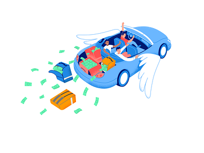 Flying car 2d car earn flying fun illustration money service startup wings
