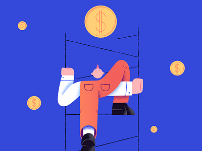 Reaching out abstract character coins financial illustration ladder money nose reach weird
