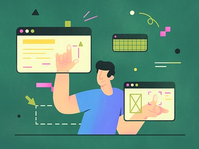 Multitasking 2d app character flat illustration piqo shapes simple ui web