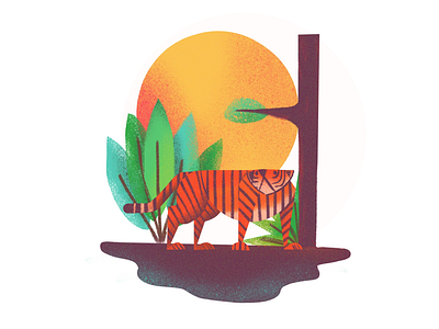 Tiger 2d africa animal bush cat danger design easy forest illustration jungle orange predator primitive simple sun tiger tree wild