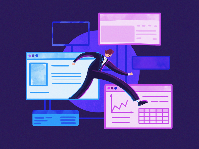 Multitasking multitasking future illustration tab wireframe jumping character 2d browser digital ui ux internet web landing graph costume profile spotilight