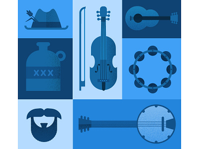 Folk Music banjo beard hat illustration moonshine straw tambourine ukelele vector violin