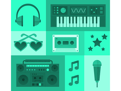 Pop music boombox cassette tape headphones illustration keyboard microphone music pop music star sunglasses vector