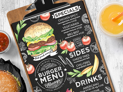 Burger Food Menu blackboard branding brochure burger design food illustration menu placemat restaurant template watercolor