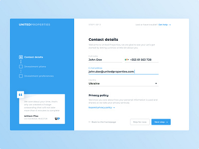 Contact details blue clean contact design details flow interface investing log in login minimal onboarding property quote real estate sign in signup ui uiux ux