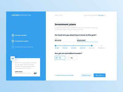 Investment plans blue clean design fields inputs inspiration interface investing investment minimal onboarding property quote radio button real estate slider stepper ui ux