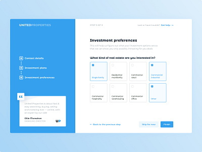 Investment preferences blue checkbox clean design exploration inspiration interface investing investment minimal onboarding preferences property quote real estate stepper ui ux