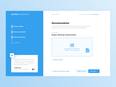 Documents upload blue broker clean design documentation documents drag and drop files folder interface investing listing listing creation minimal quote ui uiux upload ux zip