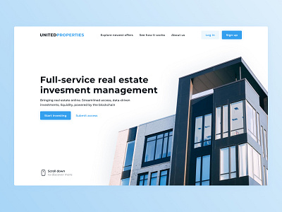 Hero image blockhain blue clean design hero house inspiration interface investing investments landing page minimal mouse property real estate scroll title ui uiux ux