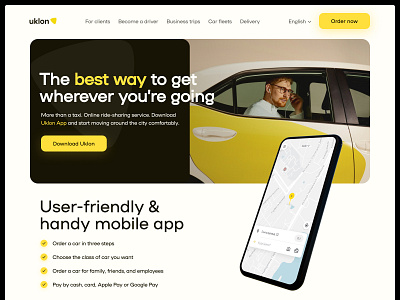 Taxi service Uklon — Landing page redesign concept branding car clean hero banner hero image hero section inspiration interface landing page minimal rideshare ridesharing service taxi taxi app taxi order ui uklon ux yellow