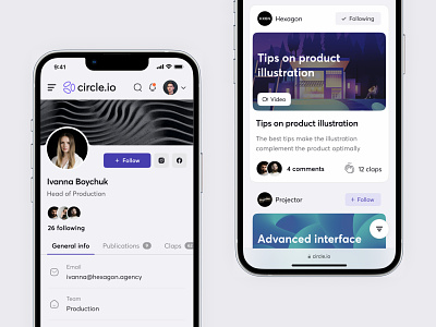 Circle.io | User Profile app blog claps clean cover feed image interface iphone mockup minimal post preview profile public profile publication social network tab ui ux web app