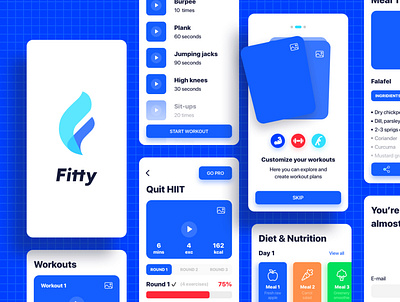 Hi-fi iOS fitness app wireframes app blue cards cards ui clean design fit fitness fitness app floating food gym interface onboarding onboarding ui sport ui uiux ux workout