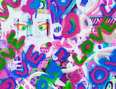 Neon Love abstract abstract art acrylic paint anime anime girl art blue colorful creative design eyes fine art graffiti green heart love mixed media neon pink spraypaint