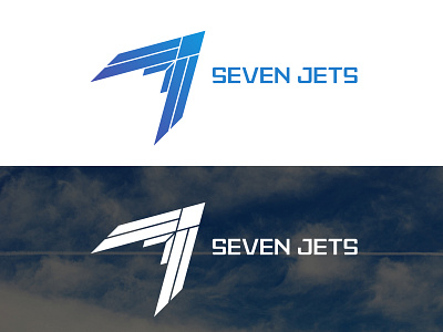 Seven Jets Logo airplane airport blue business design geometric industry jetplane jets logo minimalism modern seven skyline