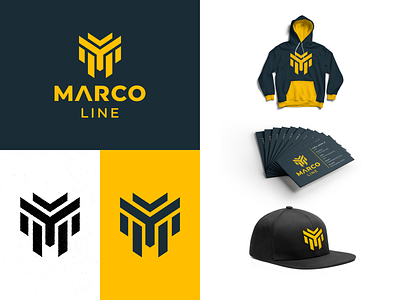 Marco Line Logo Presentation apparel blue branding business card hat icon logo mark monoline sweater textured typography yellow