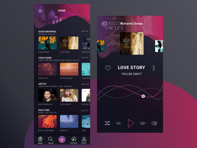 Music App previous next volume loop favorite sections explore profile search ui app menu player