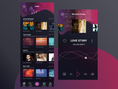 Music App app explore favorite loop menu next player previous profile search sections ui volume