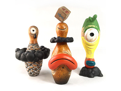 Vintage Wooden Toy Bowling Pins art assemblage carving clouds drops miniature resin sculpture wood