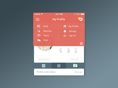 iOS Menu Design app design chat dating first dribbble shot ios menu profile social woo