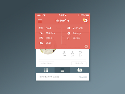 iOS Menu Design app design chat dating first dribbble shot ios menu profile social woo