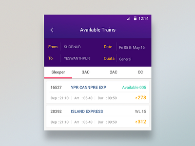 Booking Train UI android availability booking indian railway list search search result speedpay train booking