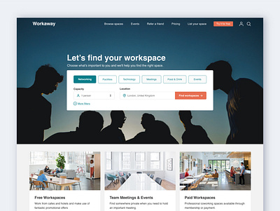 Workaway landing page coworking discover filter homepage landingpage platform search shared workspaces