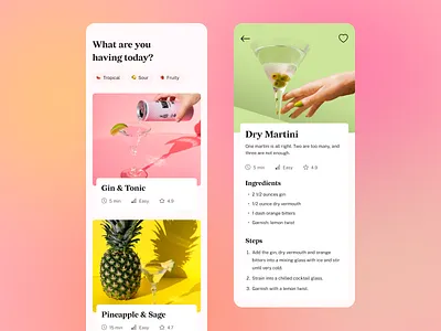 Cocktails mobile app concept app app design appdesign background cards cocktails colorful design feminine figma inspiration mobile design mobiledesign playful portfolio recipes tropical ui uidesign userinterface