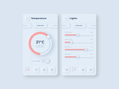 Skeuomorph Smart Home App app buttons climate contour lights minimal mobile mobile ui skeuo skeuomorph skeuomorphic skeuomorphism slider smart smarthome smartphone temperature
