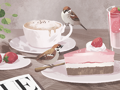 Sparrows bird coffee design dessert digital illustration illustration pink sparrow summer sweets