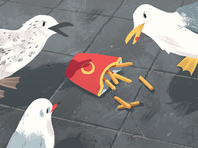 Seagulls bird city design digital illustration fastfood fries grey illustration red seagull