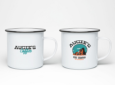 Augie's Coffee - Go Away, Enamel Mug augies coffee branding coffee branding coffee design enamel mug enamel mug design illustration merch merch design merchandise mug design vintage design