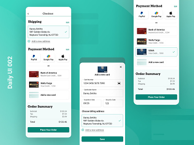 Daily UI 002 Credit Card Checkout Ulana add card app design checkout form checkout page daily 100 challenge daily ui daily ui 002 ecommerce app figma google pay layout mackup mobile app mobile ui payment payment form paypal shopping app