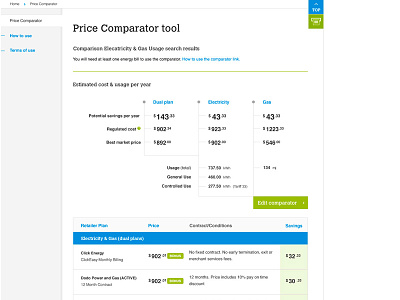 Pricing Comparator Results calculator comparator electricity results tables