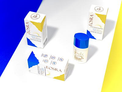 Sunsceen Product and Packaging Design for EOSRA abstract bottle box clean contrast design label minimal mockup modern packaging playful sunscreen