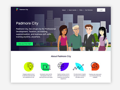 Padmore City Landing Page brightcolours funproject gamification gamifiedapp illustration landingpage webapp