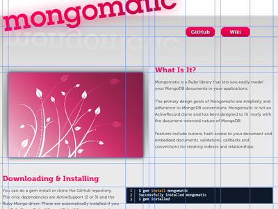 Mongomatic Website database db fun gems github grey grids homepage mongo mongomatic museo pink ruby wiki