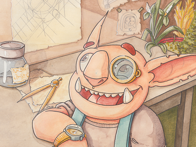 Watchmaker Gnome books character design illustration painting watercolor