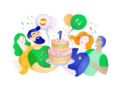 Netguru and SolarisBank partnership, anniversary anniversary birthday branding cake celebration character illustration illustrator partnership party vector art vectors