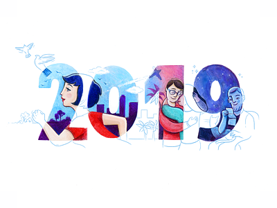 New Year Project! 2019 adventure behance collab hand made font illustration illustrator love mixed media new year numbers people watercolor