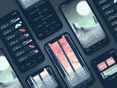 Weather forecast_APP app green illustration mobile morandi night pink sketch ui ux weather