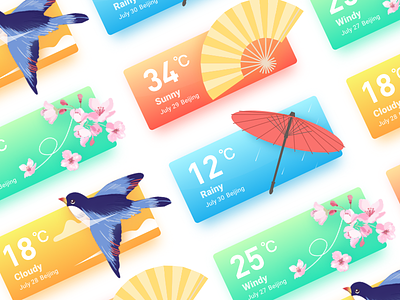 Weather card app bird cloud fan folding fan rain umbrella weather wind
