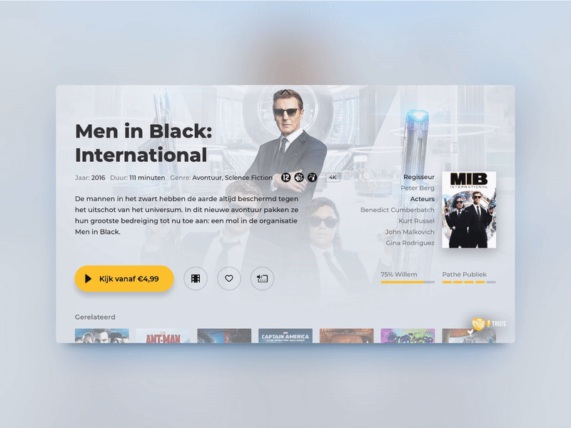 Pathé Thuis TV interface animation e-commerce meaningful men in black micro interaction microinteraction movie movies app smarttv tvod tvos ui ux