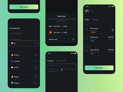 Finance - Mobile Payment App application design banking banking app card dark mode gradient ios app modal payment select card send money transfer money