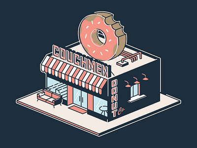 Couchmen Isometric Donut Shop apparel design building couch couchmen design donut shop drum and bugle corps fort worth illustration illustrator isometric grid isometric illustration trust printshop