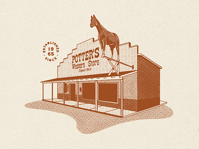 Potter's Western Store Illustration apparel design building design fort worth halftones horse illustration illustrator potters shirt design trust printshop