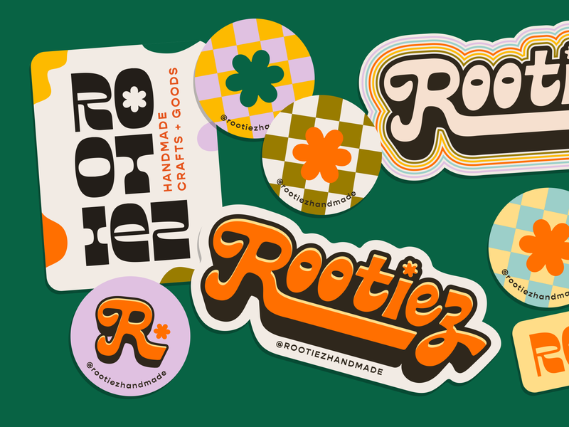 Rootiez Handmade - Stickers brand branding checkered craft design flowers fort worth groovy handmade illustration illustrator logo logomark maker mark retro stickers type typography