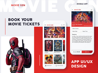 Movie Tickets Booking App UI branding colors dailyui design designer free graphic icon new red uiux vector
